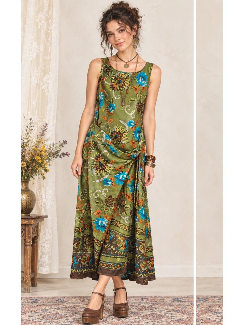 Olive Green Floral Sleeveless Y2K Boho Artsy Whimsigoth Maxi Wrap Dress 6P